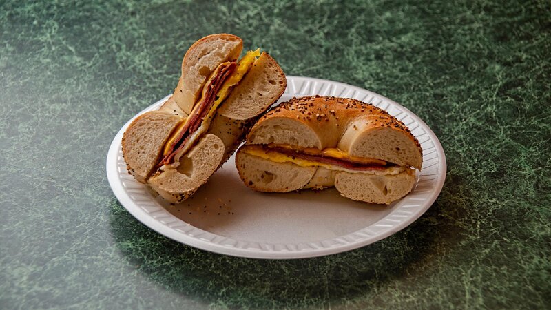 Everything seed bagel with taylor ham, egg and cheese